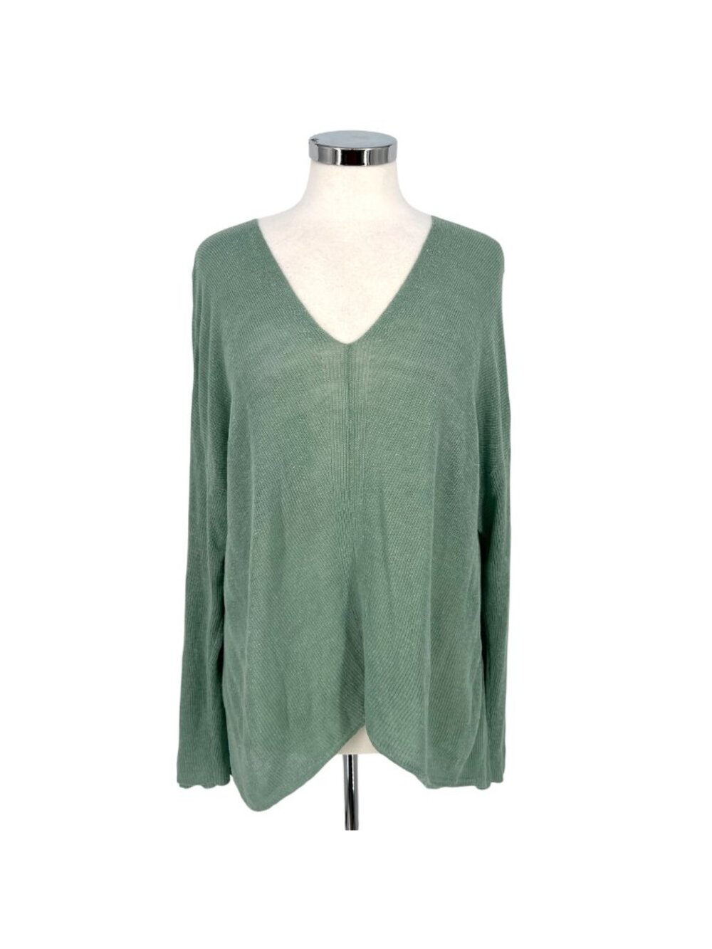 Eileen Fisher Coastal Organic Linen V-Neck Sweater Box Top Elm Green Size Large